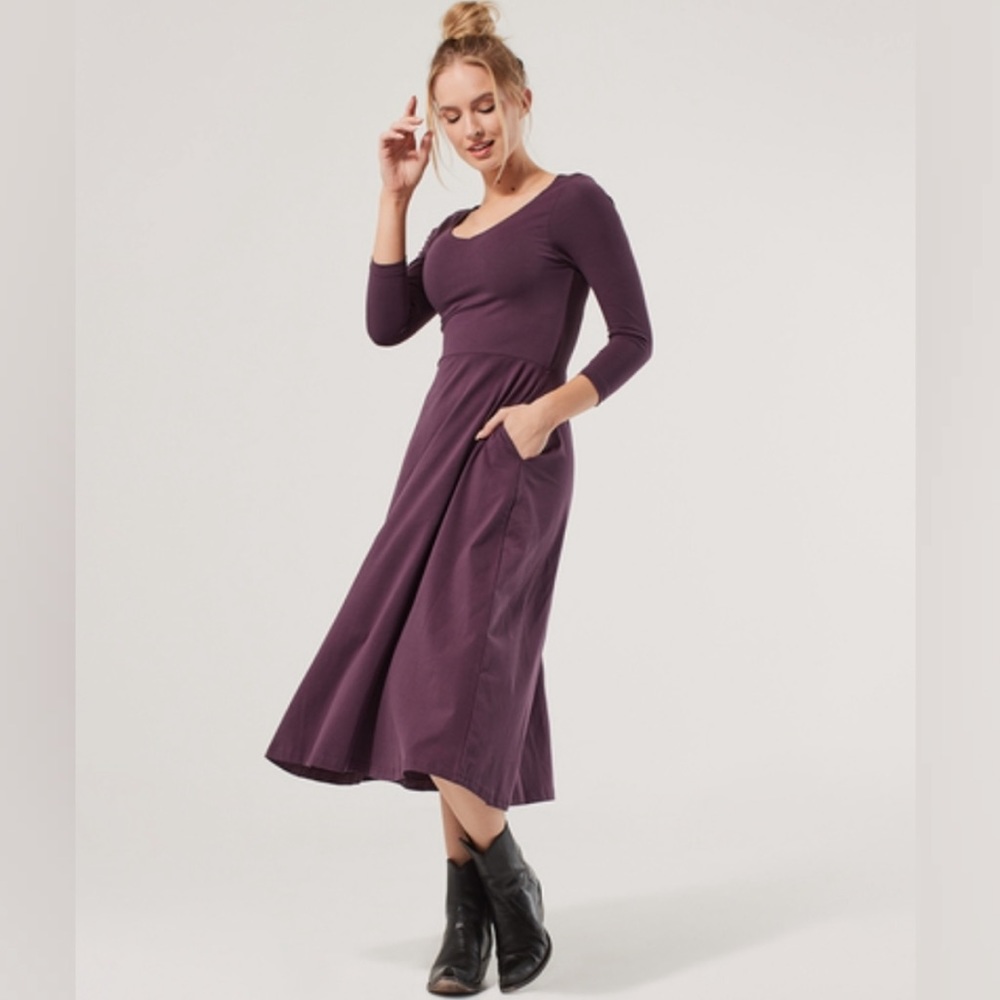 Pact Organic Cotton Fit and Flare Midi Party Dress in Purple Eggplant Size Small